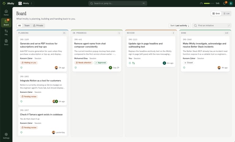 Imolty AI coding agent board showing initiatives across Planning, In progress, Review and Done