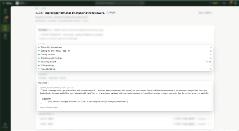 Imolty context-aware code review of a merged PR: review steps and an important finding posted inline on GitHub