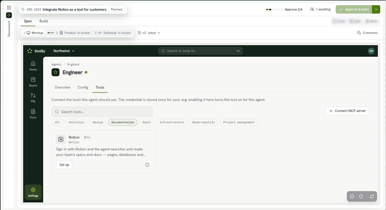 Imolty spec with an interactive design mockup tab showing the planned Notion tool integration