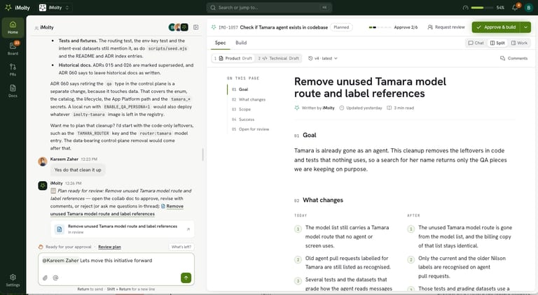 Imolty feature initiative with the chat thread beside the PRD (product spec), ready for approval