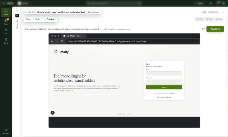 Imolty multi-repo preview: the new feature running in a live sandbox, ready to approve
