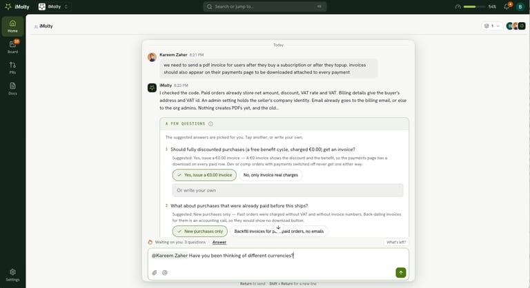 Multiplayer session in Imolty: a teammate and the Imolty agent refining an invoice feature together