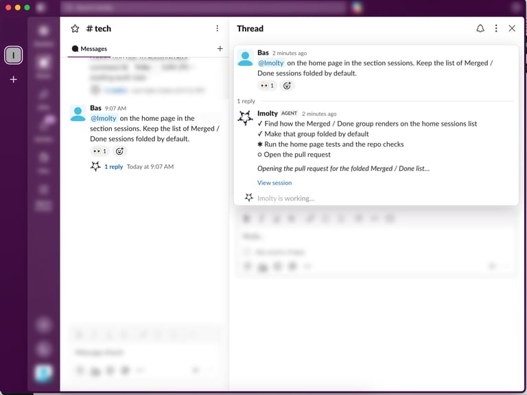 Slack thread where a teammate asks @Imolty for a change and the Imolty agent reports progress and opens a pull request